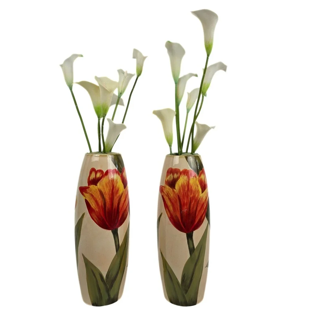 Carolina Pottery 80159 Ceramic Tulip Vases Pair Red Yellow Floral 12.5 Inch Tall